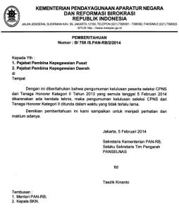 Surat tentang Penundaan Pengumuman Lulus Seleksi Honorer K2 yang semula tanggal 5 Februari 2014